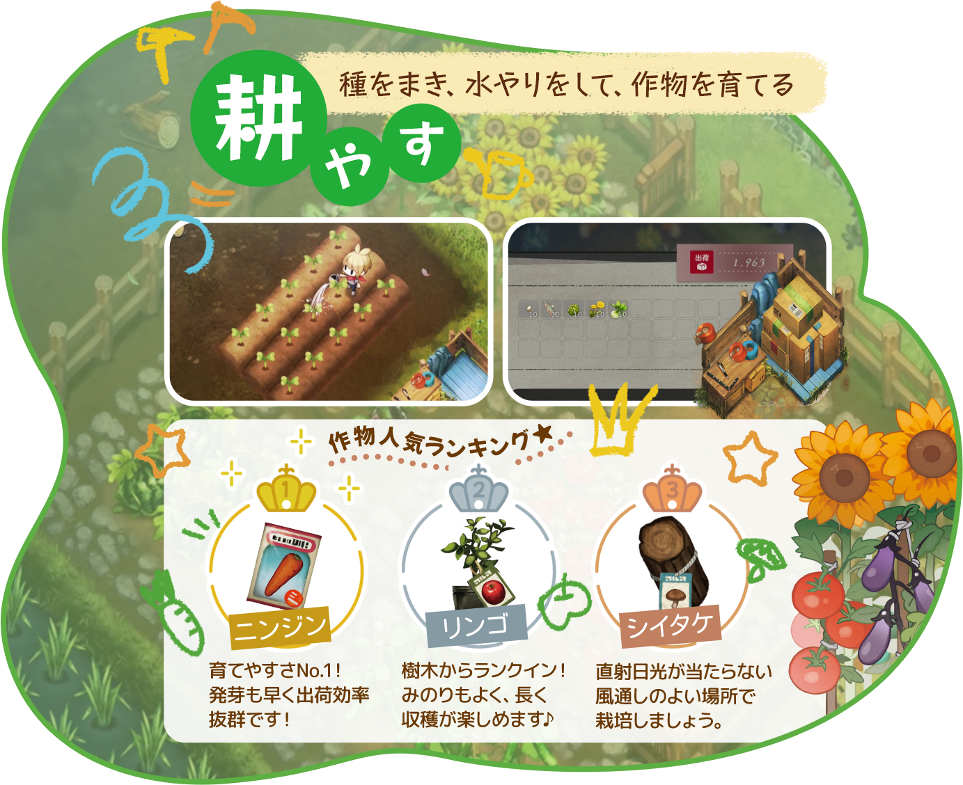 【耕やす】種をまき、水やりをして、作物を育てる